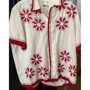 NEW HARAGO women's embroidered floral shirt in red/off white